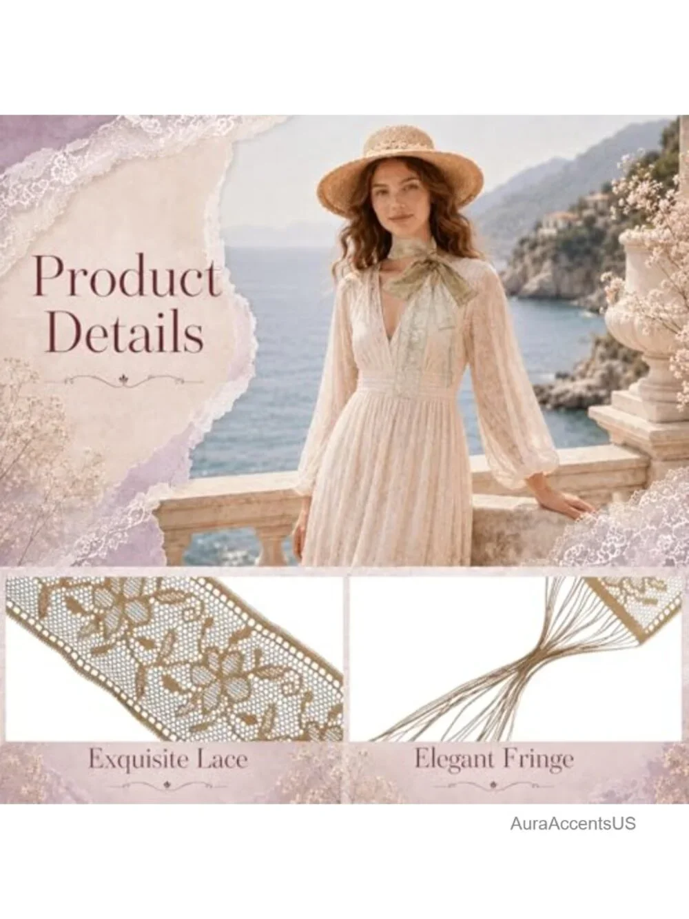Lightweight Lace Mesh Skinny Scarf with Tassel Fringe